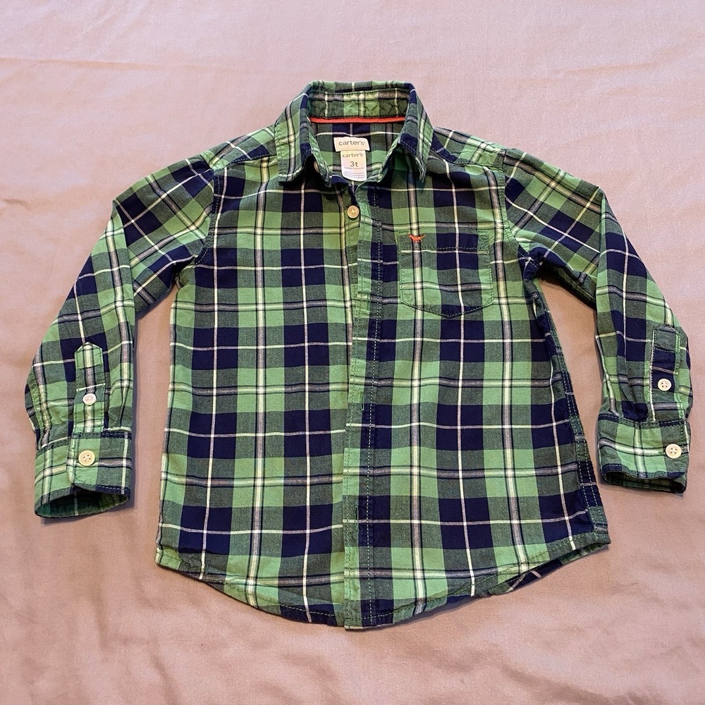Carters Toddler Boys Plaid Shirt Green Long‎ Sleeve Button Down 3T